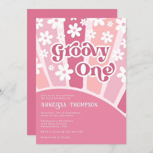 Pink Groovy One Retro Flowers Girls Birthday Invitation (Front/Back)