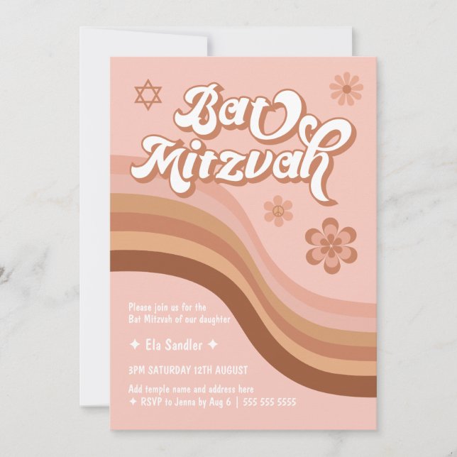 Pink Groovy Retro Bat Mitzvah Invitation (Front)