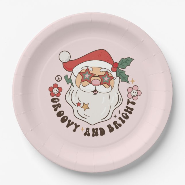  Pink Groovy Retro Christmas  Paper Plate (Front)