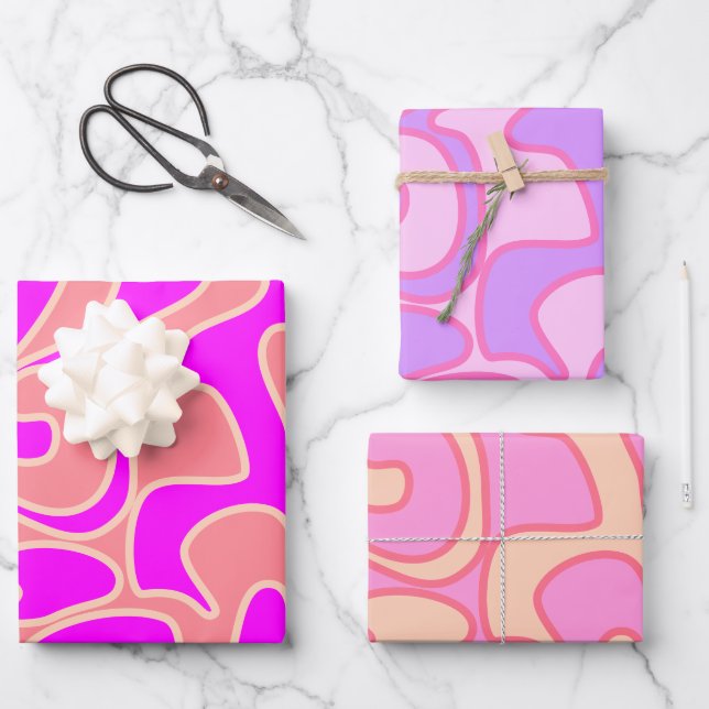 Pink Groovy Retro Fluid Art Unique Wrapping Paper Sheet (Front)