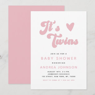 Pink Groovy Retro Girl Twins Minimal Baby Shower Invitation