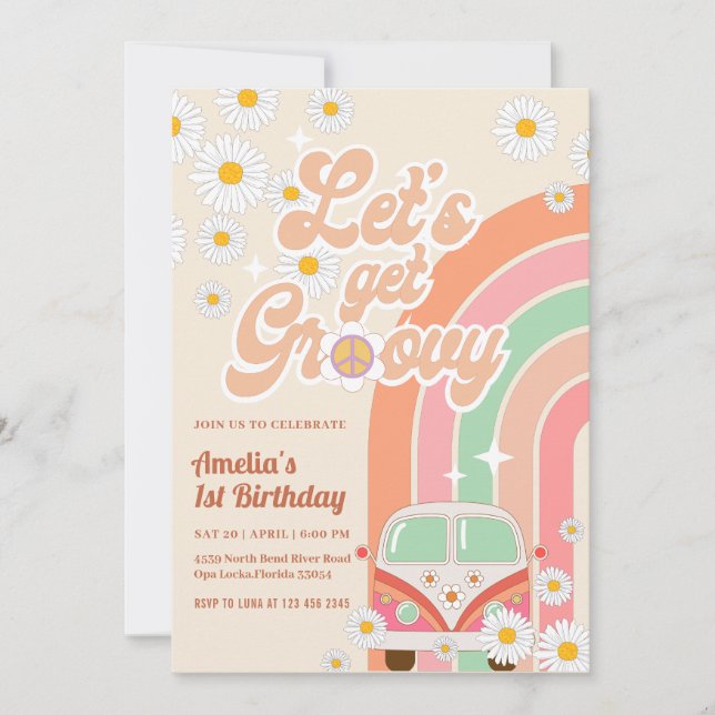 Pink Groovy Van Daisy Rainbow Hippie Birthday Invitation (Front)