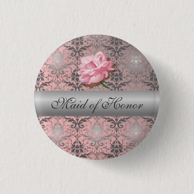 Pink Grunge Damask Maid of Honour Button (Front)