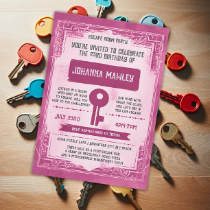 Pink Grunge Escape Room Key Birthday Party Invitat Invitation