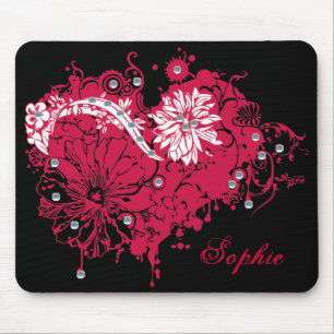 Pink Grunge Heart, Flowers & Sequins Illustration Mouse Mat