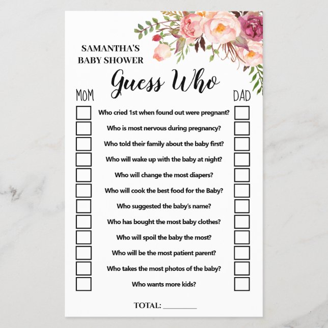Pink Guess who baby shower bilingual game card (Front)