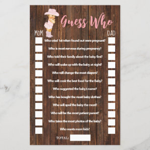Pink Guess Who Cowgirl Baby Shower Game Card