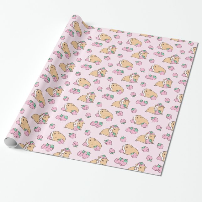 Pink Guinea pig and Strawberry Pattern Wrapping Paper (Unrolled)