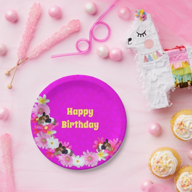 Pink Guinea Pigs And Flowers, Paper Plates (Party)