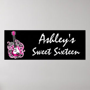 Pink Guitar Rock Star Sweet 16 Banner Poster