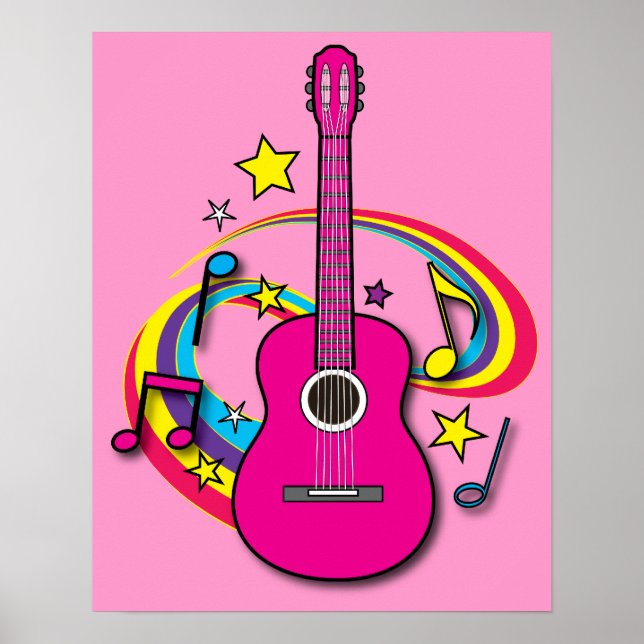 Pink Guitar with Music and Rainbow Poster (Front)