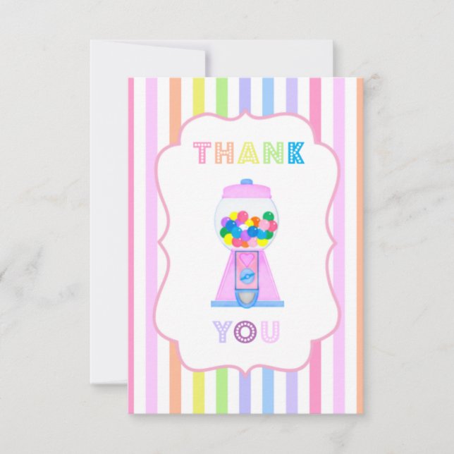 Pink Gumball Machine and Rainbow Stripes Note Card (Front)