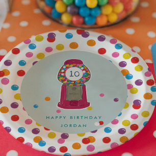 Pink Gumball Machine Candy Bubble Gum Birthday Paper Plate