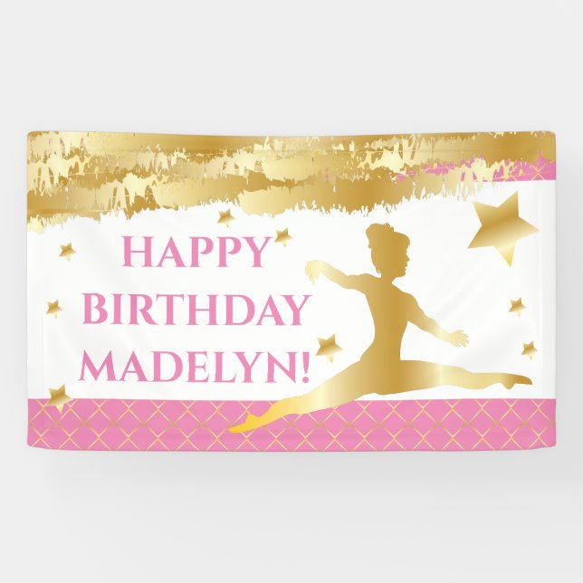 Pink Gymnast Gymnastics Happy Birthday Girl Banner (Horizontal)