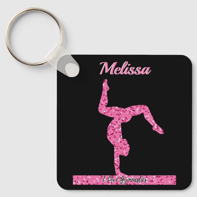 Pink Gymnastics Girl Sparkle Balance Beam Key Ring (Front)