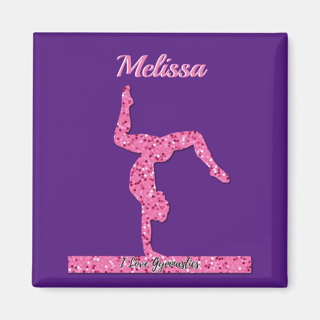 Pink Gymnastics Girl Sparkle Balance Beam Magnet (Front)