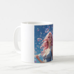 Pink Hair Anime Girl Mug - Dreamy Bubbles Fantasy 
