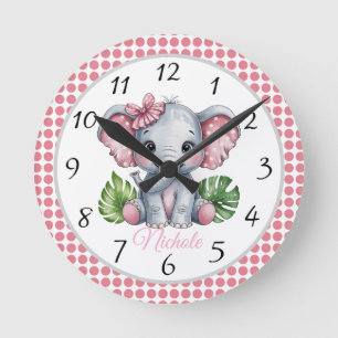 Pink Hair Bow Cute Elephant Baby Shower Gift Round Clock