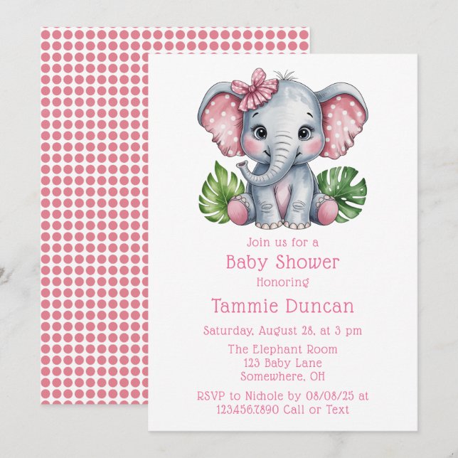 Pink Hair Bow Cute Elephant Baby Shower Invitation (Front/Back)