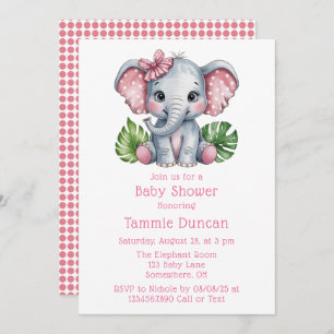 Pink Hair Bow Cute Elephant Baby Shower Invitation