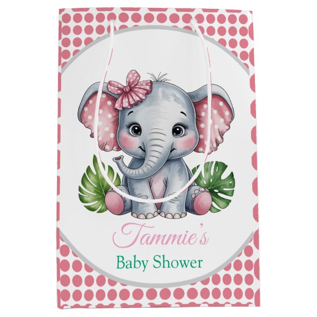 Pink Hair Bow Cute Elephant Baby Shower Medium Gift Bag (Front)
