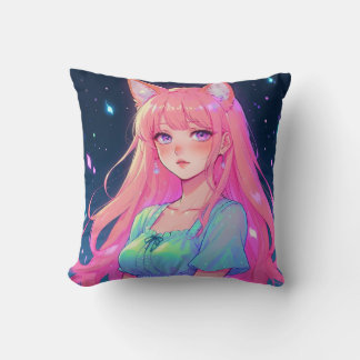 Pink Hair Fox Ear Anime Girl Cushion