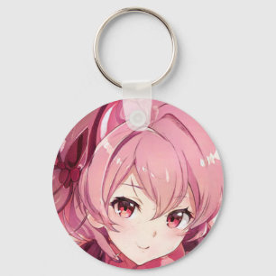 Pink hair girl pink eyes smiling anime manga key ring