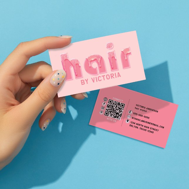 Pink Hair Glitter Drips Typography Stylist Salon Business Card (Creator Uploaded)