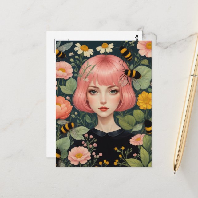 Pink Hair Honey Bees and Flowers Postcard (Front/Back In Situ)