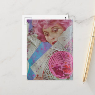 Pink Hair Lady Mixed Media Collage Postcard