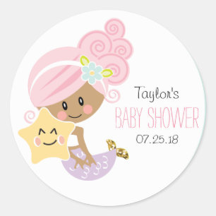 Pink Hair Mermaid Baby  Shower Stickers Dark Skin