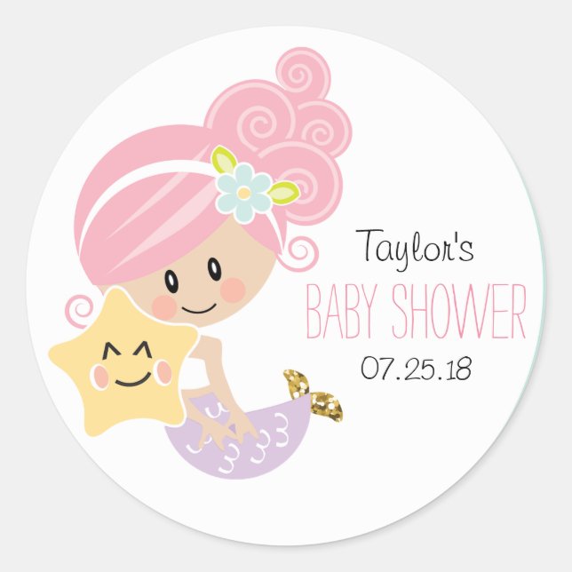 Pink Hair Mermaid Baby  Shower Stickers Light Skin (Front)
