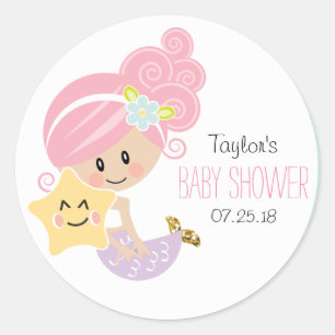 Pink Hair Mermaid Baby  Shower Stickers Light Skin