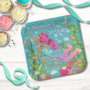 Pink Hair Mermaid Swimming Under the Sea Birthday Paper Plate