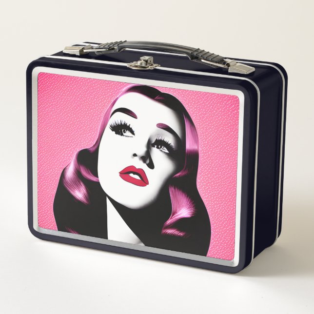 Pink Hair Retro Woman Metal Lunch Box (Front)