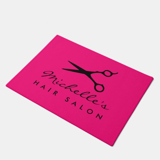 Pink hair salon doormat with barber scissors logo (Angled)