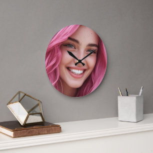 Pink Hair Smiling Woman Portrait Wall Clock