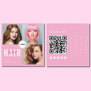 Pink Hair Stylist Photo Collage QR Code Elegant Square Business Card