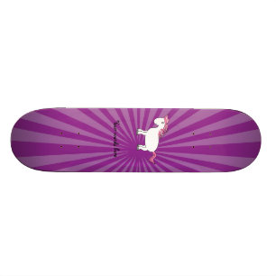 Pink hair white horse with purple sunburst skateboard