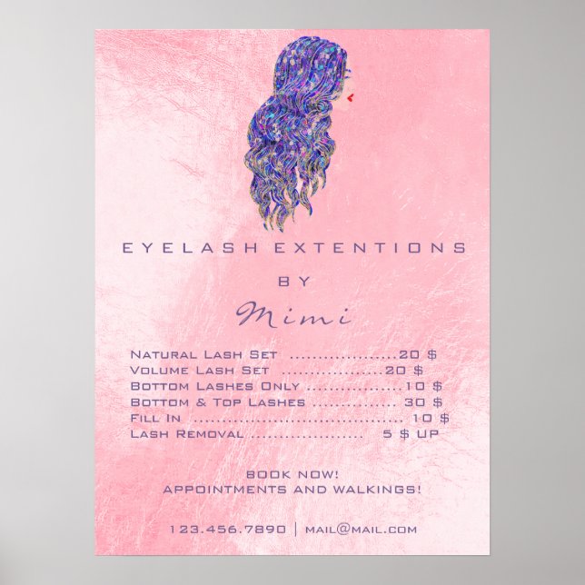 Pink Hairdresser Makeup Eyes Lashes Price LIST Poster (Front)
