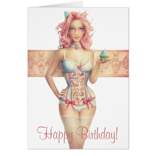 Pink Haired Cupcake Girl Birthday Card