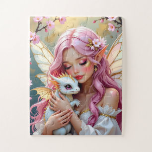 Pink Haired Fairy and White Baby Dragon   Jigsaw Puzzle