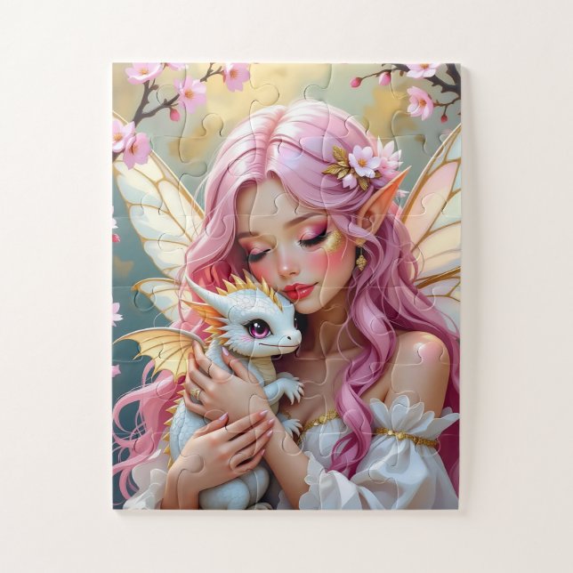 Pink Haired Fairy and White Baby Dragon   Jigsaw Puzzle (Vertical)