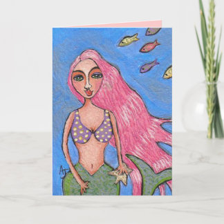 Pink-haired Mermaid & Fishies - greeting card
