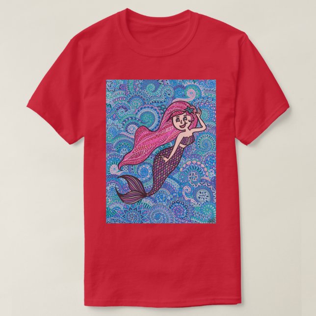 Pink Haired Mermaid Zentangle T-Shirt (Design Front)