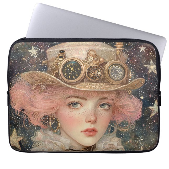Pink-Haired Steampunk Young Adult Woman  Laptop Sleeve (Front)