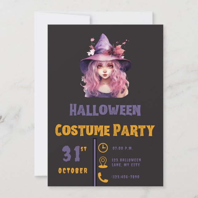 Pink Haired Witch Purple Hat Black Halloween Invitation (Front)
