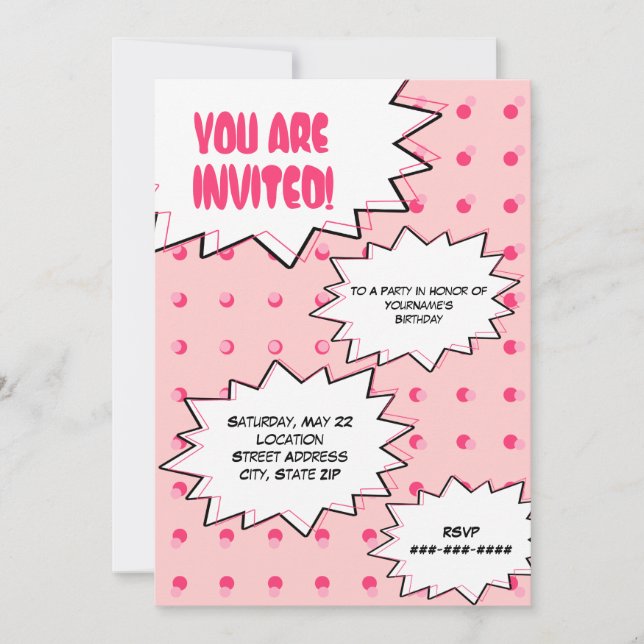 Pink Halftone Pop Art Comic Inspired Birthday Invitation (Front)