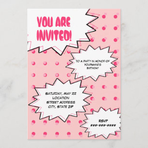 Pink Halftone Pop Art Comic Inspired Birthday Invitation
