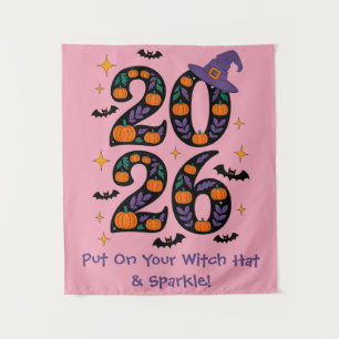 Pink Halloween 2026 Pumpkins Witch Hat Spooky Tapestry